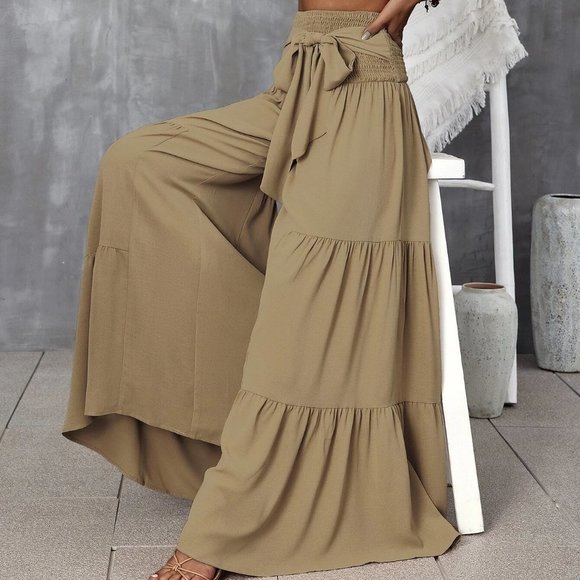 MODA ME COUTURE Pants - Khaki Boho Shirred Waist Tie Front Ruffle Hem Wide Leg Pants travel summer